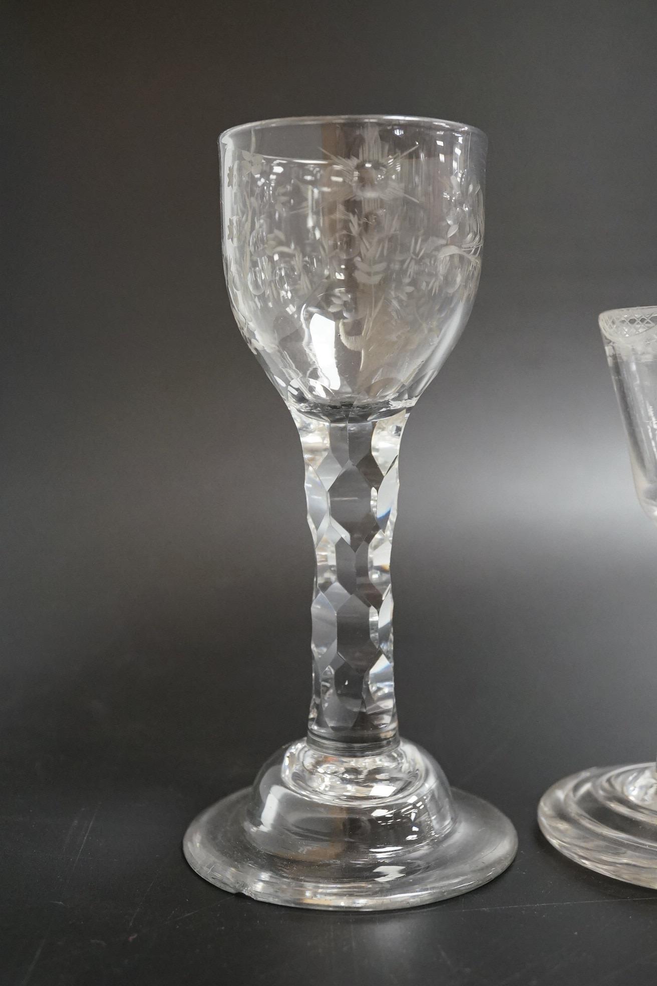 An opaque twist firing glass with terraced foot and a faceted wine glass with domed foot, c.1760, tallest 14cm